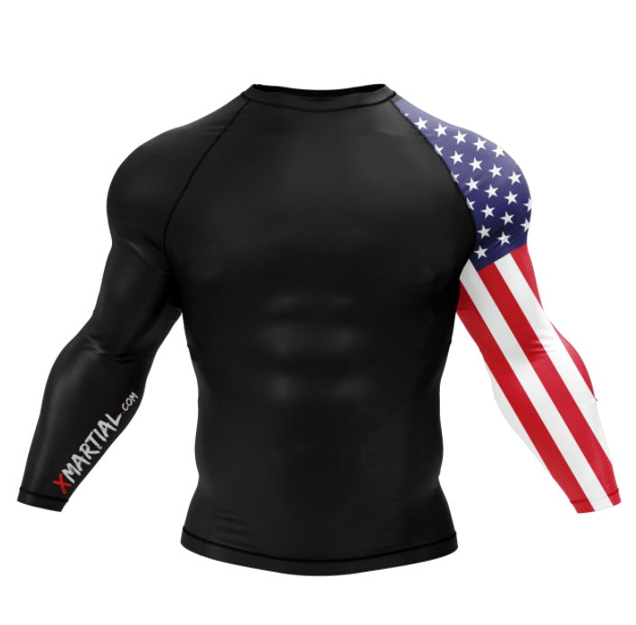 Patriotic Athletic Compression Shirt - American Flag & Skull Design