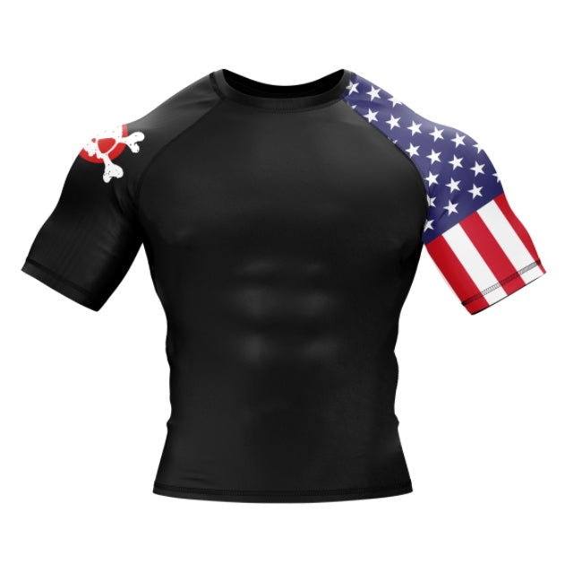 Patriotic Athletic Compression Shirt - American Flag & Skull Design